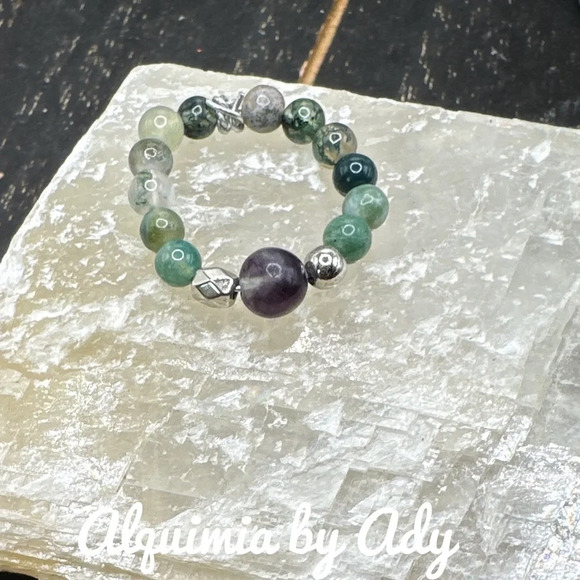 Purple fluorite and moss agate beaded gem ring boho - Picture 1 of 3